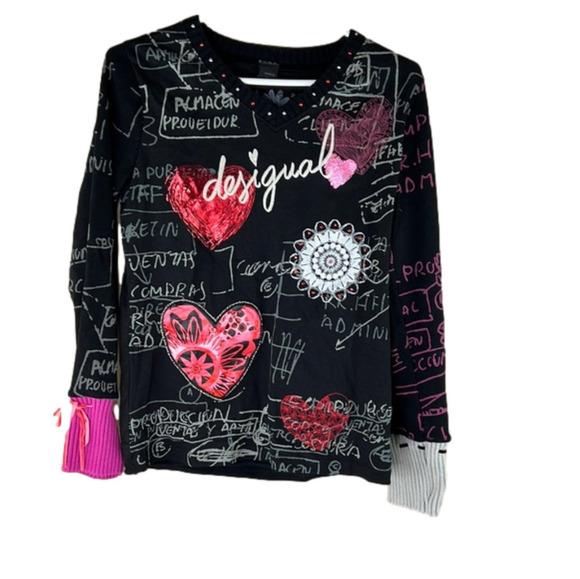 Desigual Black Long Sleeved Heart Print - Picture 1 of 11